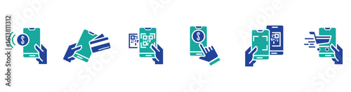hand holding mobile device with various actions icons
