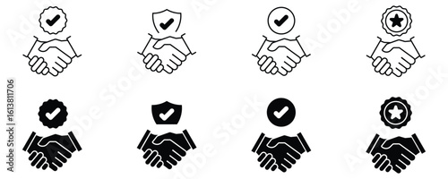 Professional handshake icons set. Symbols representing agreement, partnership, collaboration, and trust. Vector illustration.