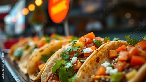 Close-up of vibrant street food tacos with fresh toppings, showcasing appetizing textures and colors.