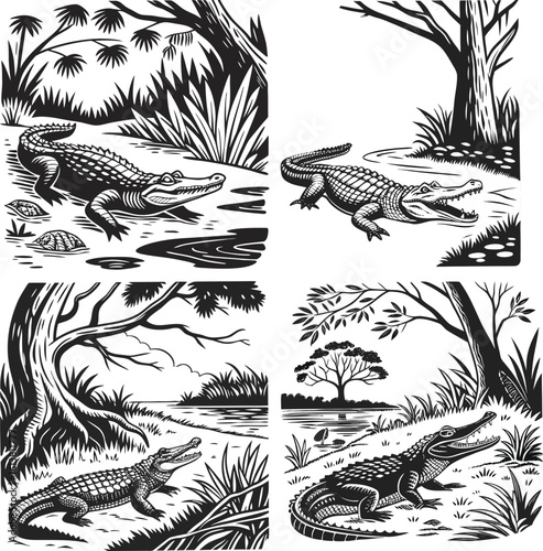 Black and White Alligator Etching  Linocut Wildlife Illustration
