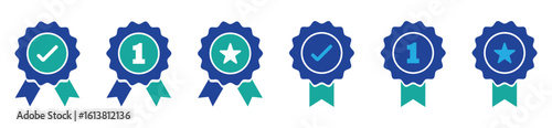 Certification and award icons medal, ribbon, badge, and verified marks for premium quality and achievement. Available in solid and line vector styles.