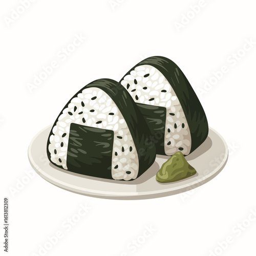 Delicious Onigiri Rice Balls with Seaweed and Wasabi on a White Plate Traditional Japanese Cuisine
