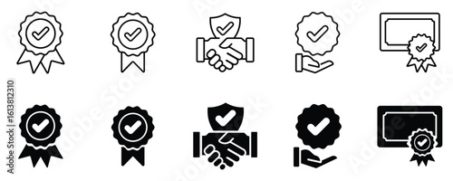 Vector icon set of quality certificates with check mark symbols. Represents verified, approved, and compliant product standards.