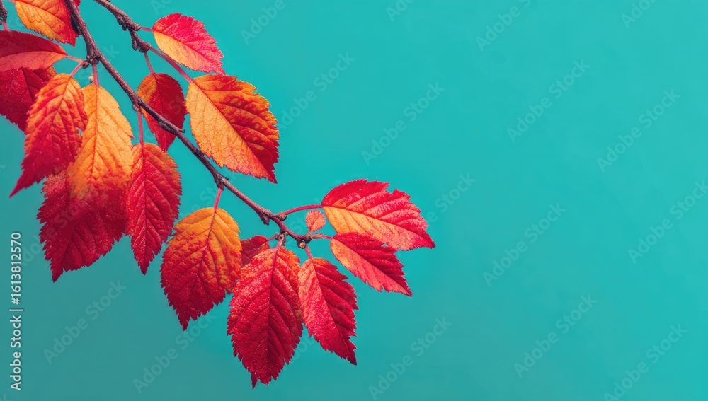 Obraz premium Autumn branch with vibrant leaves against a teal background