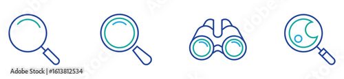 Search and Exploration Icons Collection. Magnifying glass, binoculars, telescope, eyewear discovery symbols. Vector set.