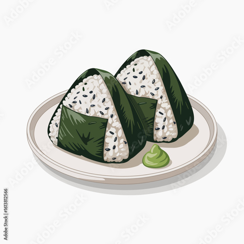 Delicious Onigiri Served on a Plate with Wasabi Japanese Cuisine and Traditional Rice Ball Snack Food