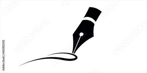 Black fountain pen writing a curved line on a white background calligraphy pen nib
