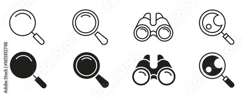 Search icon set in thin line style. Magnifying glass symbols with editable stroke. Vector illustration.