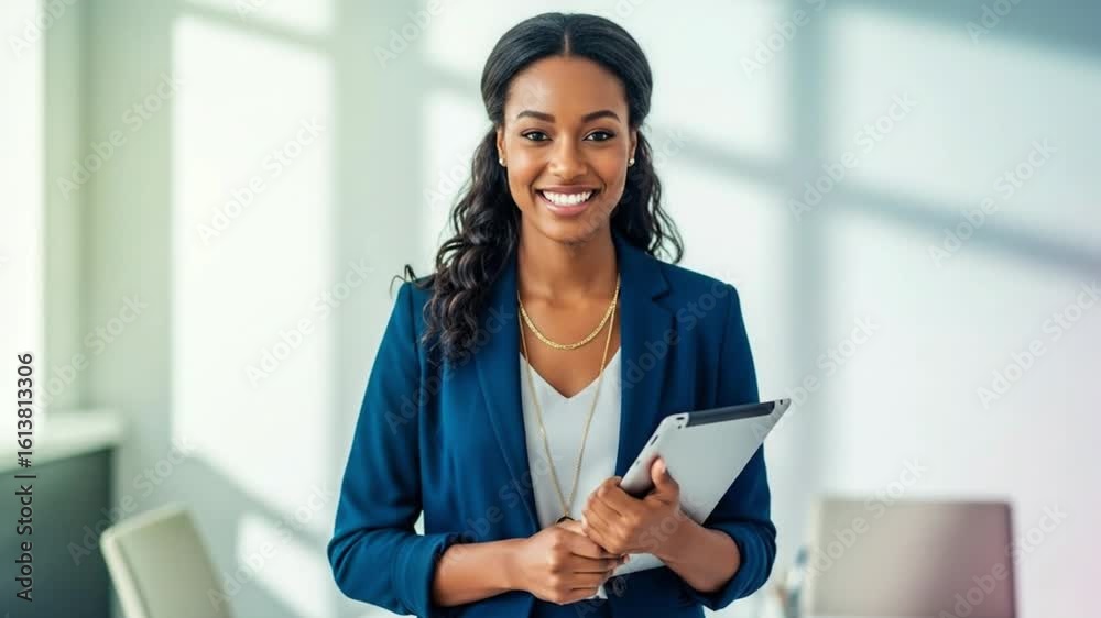 Portrait of a smiling african american woman in a blue blazer holding a tablet in an office setting