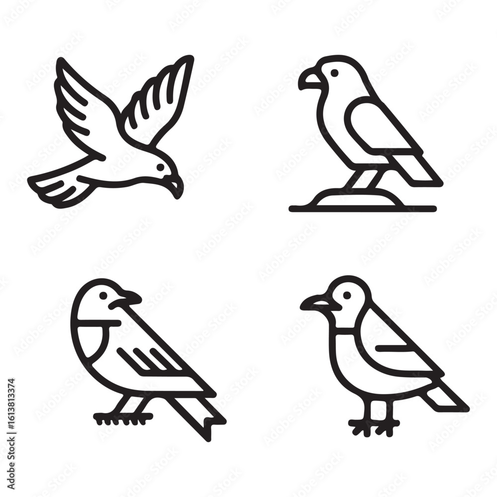 Obraz premium Minimalist Bird Line Icons Set – Elegant Outline Sparrow Vector Collection