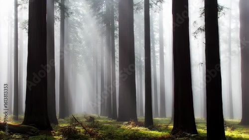 Sunlight Filtering Through Tall Forest Trees in Misty Morning Scene with Soft Lighting