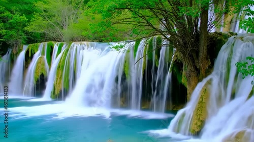 Flowing Waterfall Surrounded by Green Trees in Nature Scene with Soft Focus