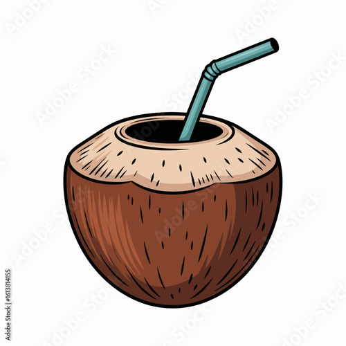 Fresh Coconut Drink Illustration with Blue Straw Tropical Refreshment Vacation Getaway Exotic Beverage Still Life Food and Drink