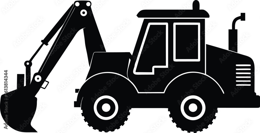 Naklejka premium Backhoe loader silhouette, construction vehicle line art, heavy equipment vector, excavator outline drawing, minimal machinery icon