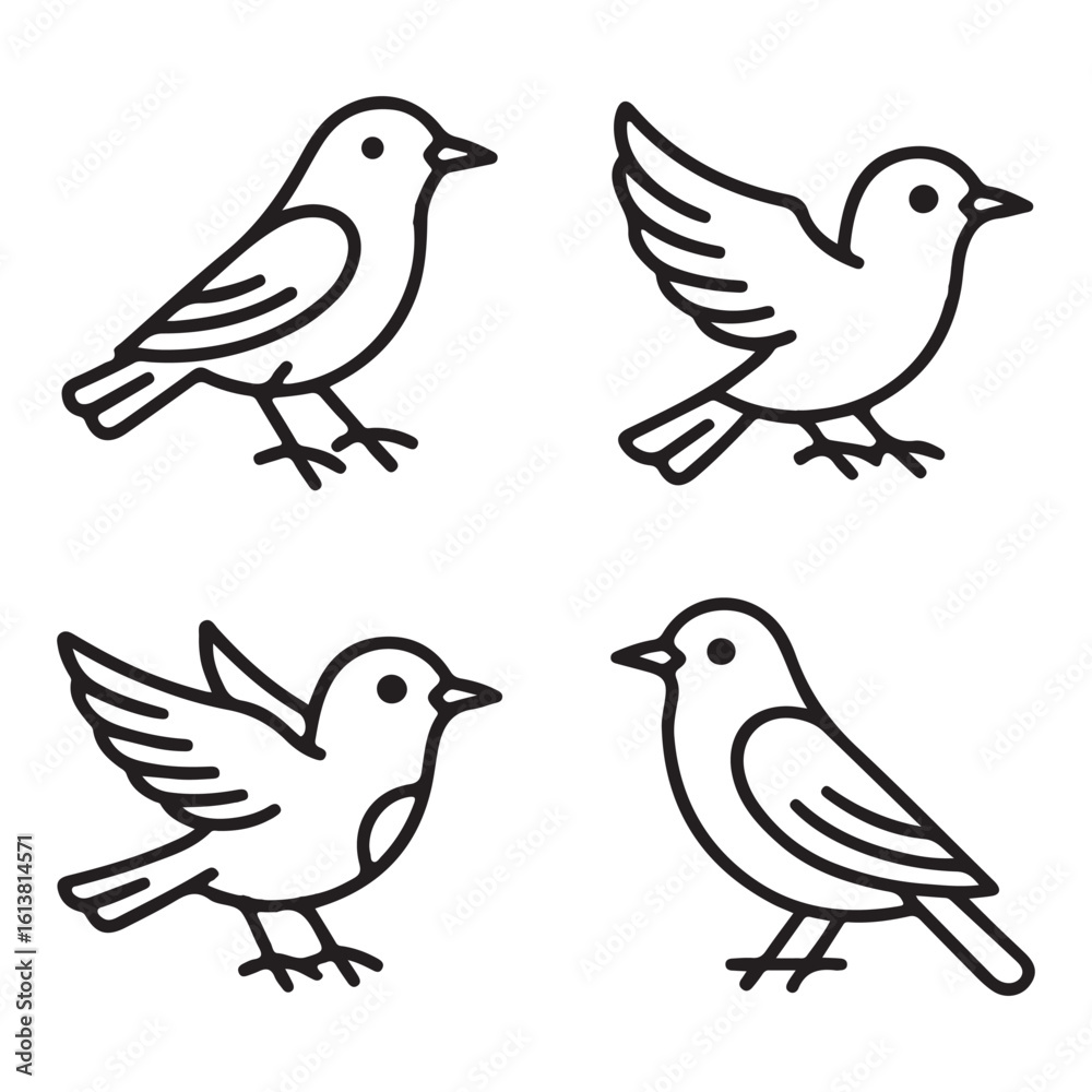 Fototapeta premium Minimalist Bird Line Icons Set – Elegant Outline Sparrow Vector Collection