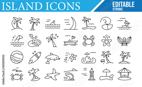 A collection of editable stroke icons representing island and beach themes, including palm trees, waves, surfers, dolphins, crabs, and beach activities, ideal for vacation, tourism, and tropical desig