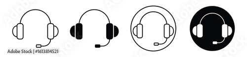 Collection of headphone icons in flat and line styles. Represents music, sound, earphones, and gaming headsets. Vector graphic.