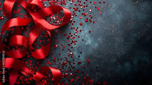 Vibrant red ribbon and sparkling confetti on dark background