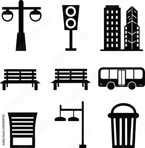 Urban street elements icon set in flat black minimalist style