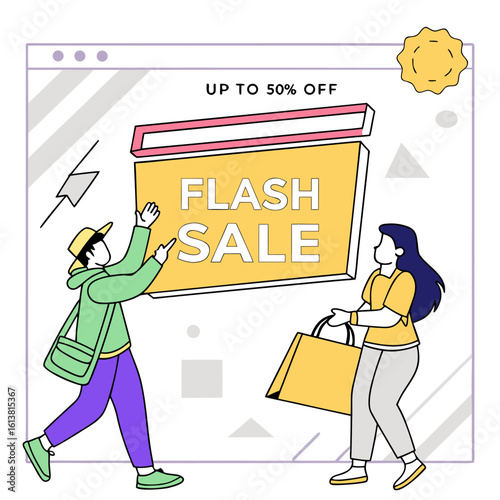 Illustration of a flash sale promotion with two shoppers, one holding a bag and the other pointing upward
