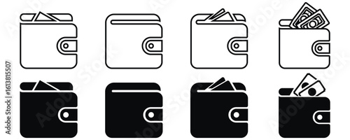 Wallet app vector icons. Same size and composition in multiple styles such as black, solid, and outline glyph design.