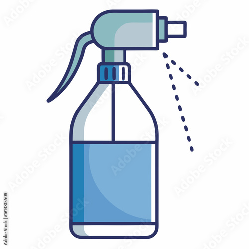 Blue spray bottle dispensing liquid droplets isolated on white background silhouette