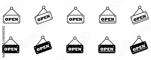 Open sign hanging icon vector outline symbol for shop, café, or store door welcome label