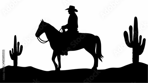 Silhouette of a cowboy on horseback with a hat in a desert landscape with cacti on a white background