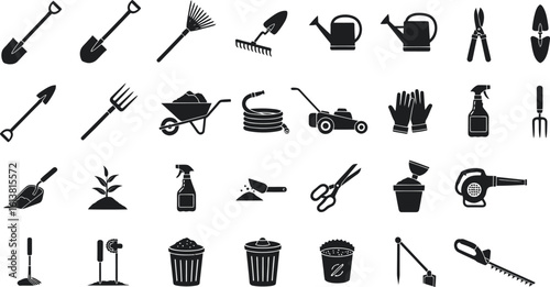 Gardening Tools Silhouette Icons Set