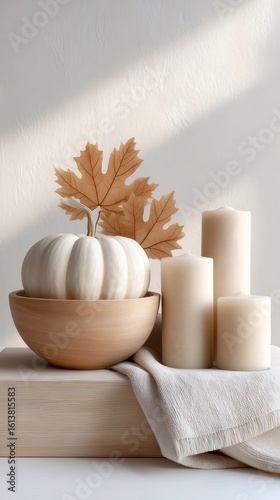 Minimalist autumn still life composition with white pumpkin, candles, and dried leaves