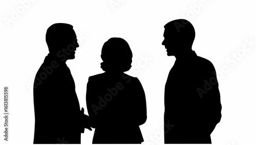 Silhouette of three people standing together in conversation with a white background and dark outlines