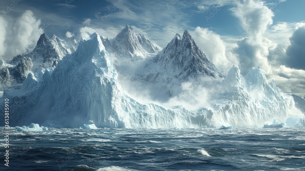 Fototapeta premium Giant iceberg melting into turbulent polar ocean, symbol of global warming impact