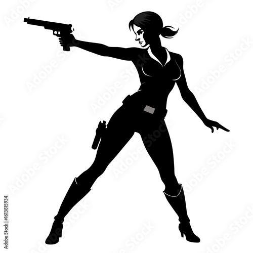 Female operative aiming a handgun with a holster and boots silhouette isolated on white background