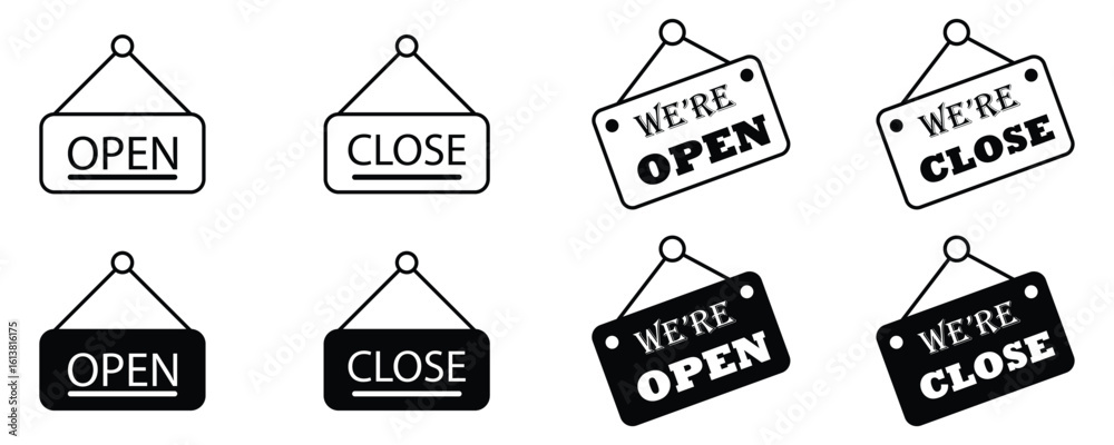 Obraz premium Open and closed doorboard icon, storefront hanging signage, outline vector illustration