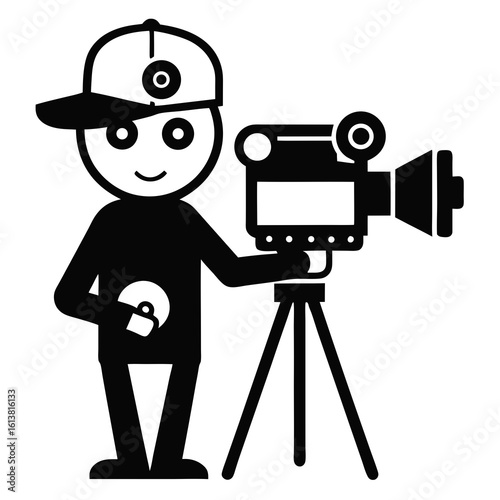 Cartoon filmmaker with camera and disc silhouette isolated on white background