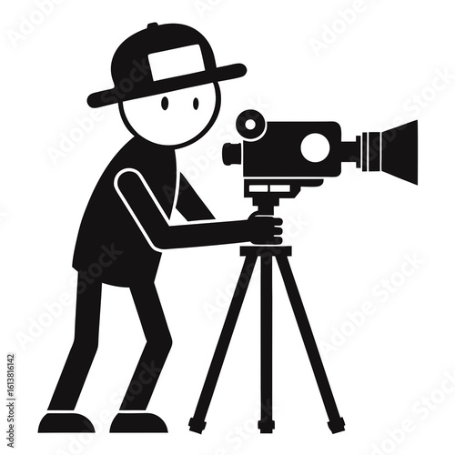 Cartoon cameraman with vintage movie camera on tripod silhouette isolated on white background