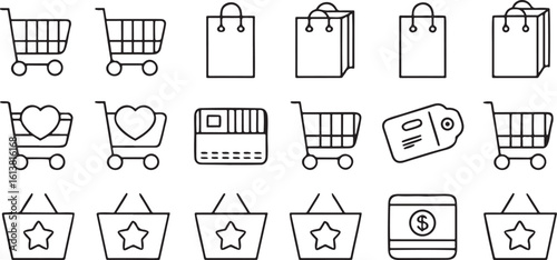 Isolated black shopping icons, cart, bag, checkout, buy, sell, product, order, tag, barcode, wishlist, fast delivery, add to cart, store, receipt, review, discount, e commerce, shop, editable vector