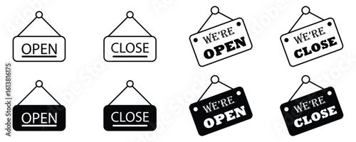 Open and closed doorboard icon, storefront hanging signage, outline vector illustration