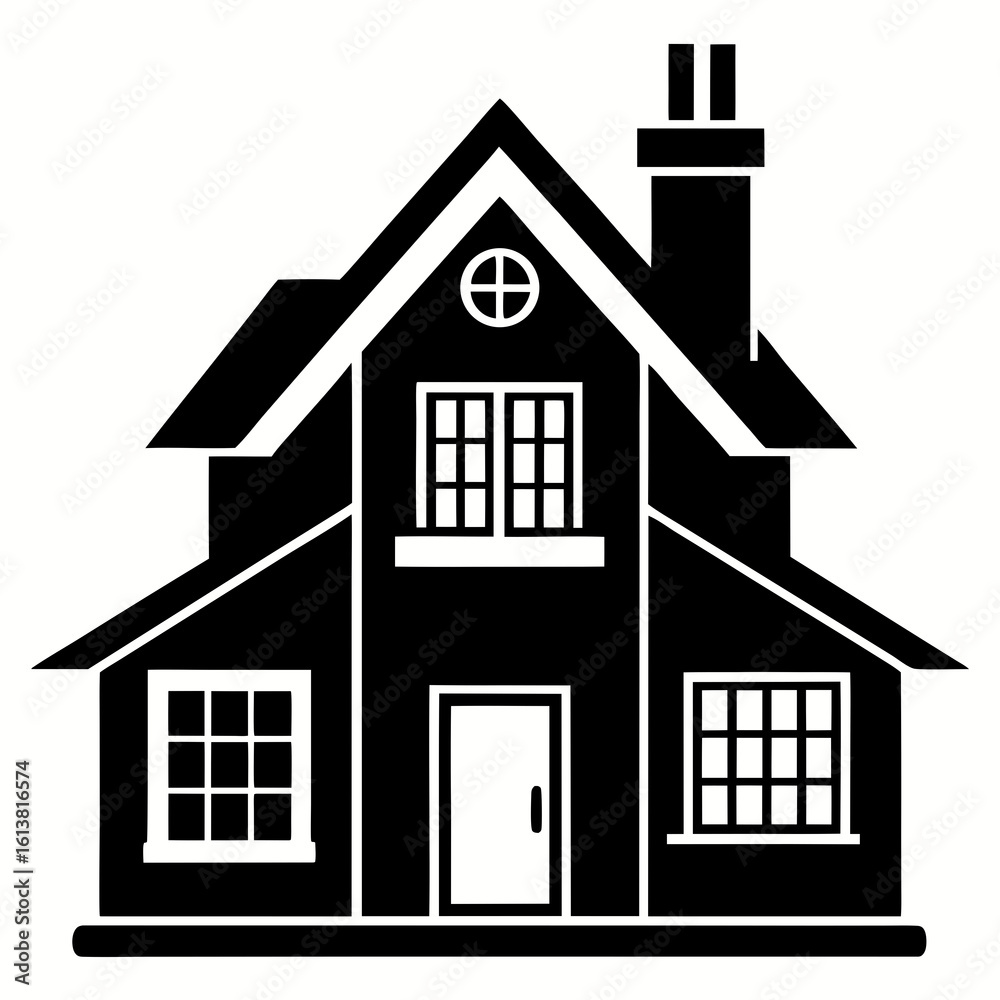 Classic two story house silhouette with chimney and windows isolated on white background Classic two story house silhouette with chimney and windows isolated on white background