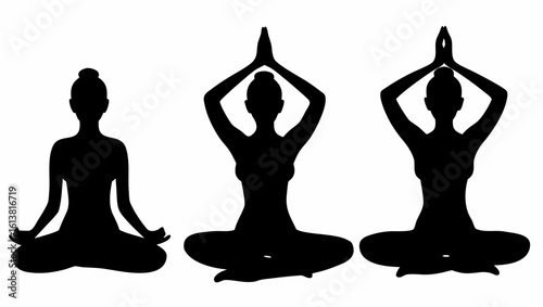 Three black silhouettes of women in different yoga poses sitting in lotus position on a white background
