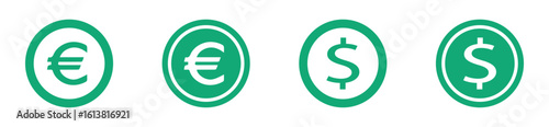 Collection of green dollar and euro icons representing money, payment, banking, and earnings concepts. Modern vector design for finance, economy, and investment illustrations.