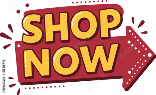 shop now bold hand-drawn chunky letters on flat arrow banner