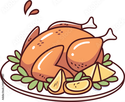 Thanksgiving turkey on a plate with vegetables in cartoon style vector illustration