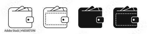 Set of mobile wallet icons with identical proportions and poses in four variations — solid, glyph, outline, and flat.