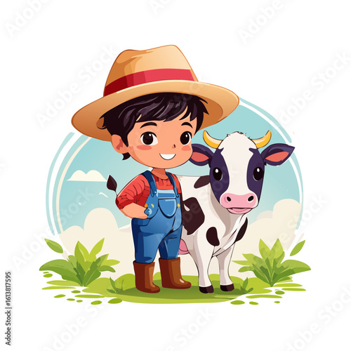 Cute Cartoon Boy Farmer with Vow Isolated on a Transparent Background