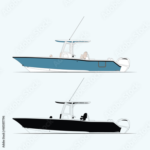 Sport fishing boat vector, full color and monochrome versions