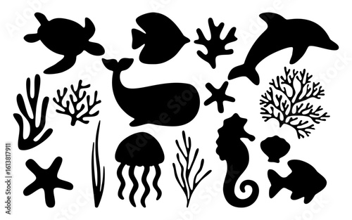 Collection of black silhouettes of sea animals including dolphins, fish, seahorses, starfish, turtles, shells and corals. These simple yet elegant vector icons are perfect for marine animals.