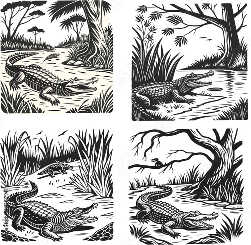 Black and White Alligator Etching  Linocut Wildlife Illustration