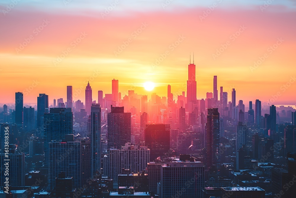 Fototapeta premium Thriving Cityscape at Dusk Showcases Lucrative Investment Opportunities in a High Rise Metropolis