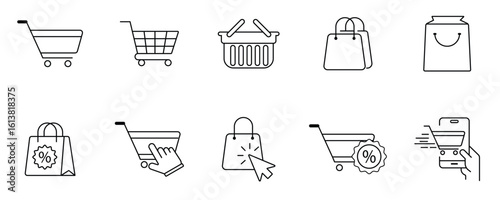 Cart and Basket Icon Set – Shopping Bag, Retail Store, and E-commerce Symbols